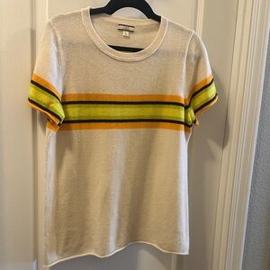 J. Crew White Short Sleeve Cashmere Sweater with Yellow & Orange Stripe